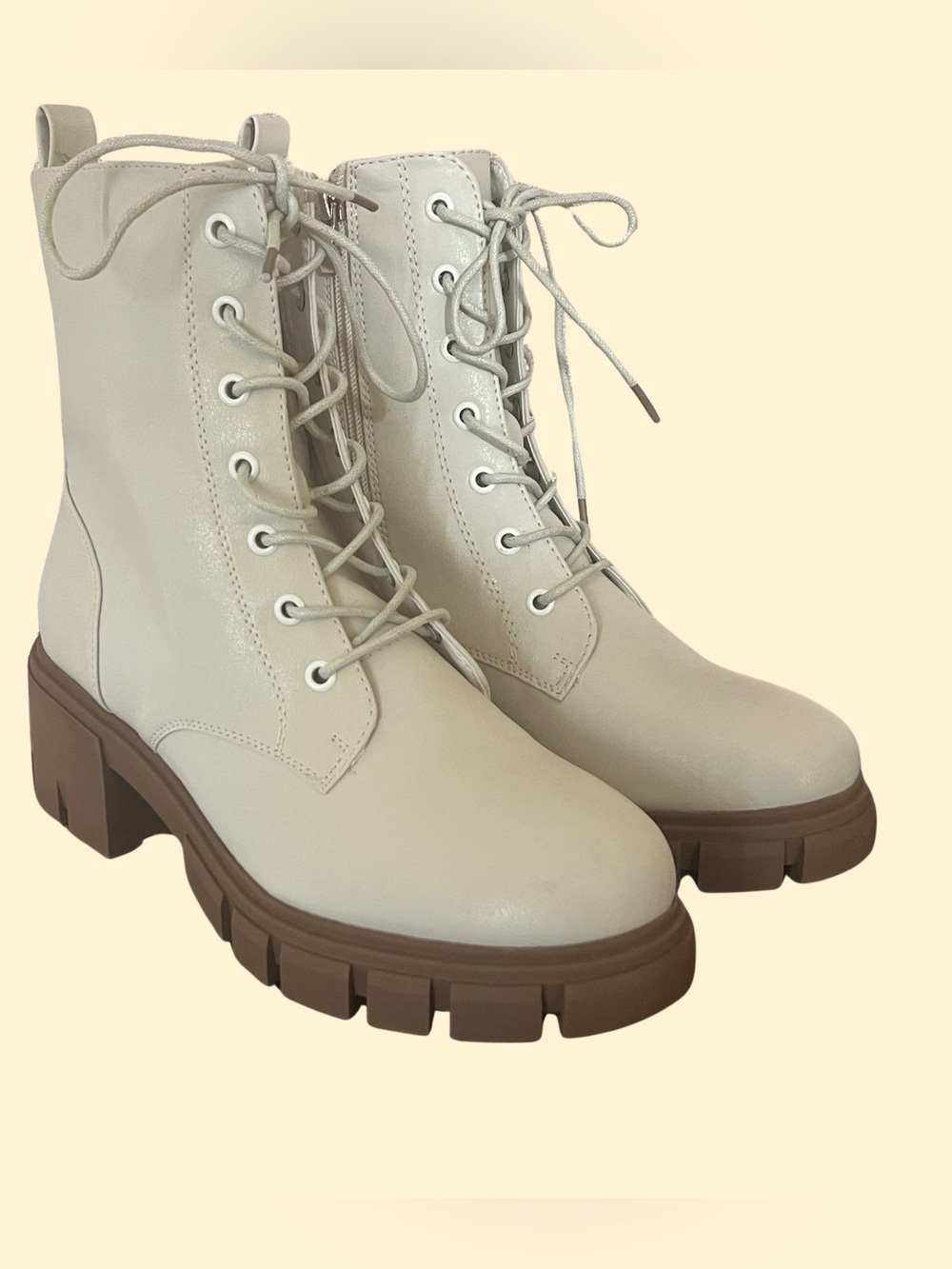 Lace-Up Chunky Sole Combat Boots - Cream with Brown Sole